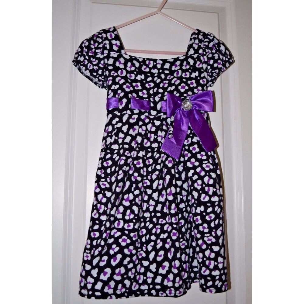 EUC DOLLIE & ME GIRLS BLACK PURPLE WHITE FLOWER DRESS SIZE 6